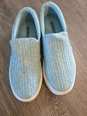 Soda Womens  Slip-On Knit Sneakers in Pale Blue and White